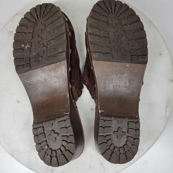 Vintage Mudd Y2K Mules Womens 9 Brown Floral Embroidery Rivets Wooden Platform - Picture 3 of 14